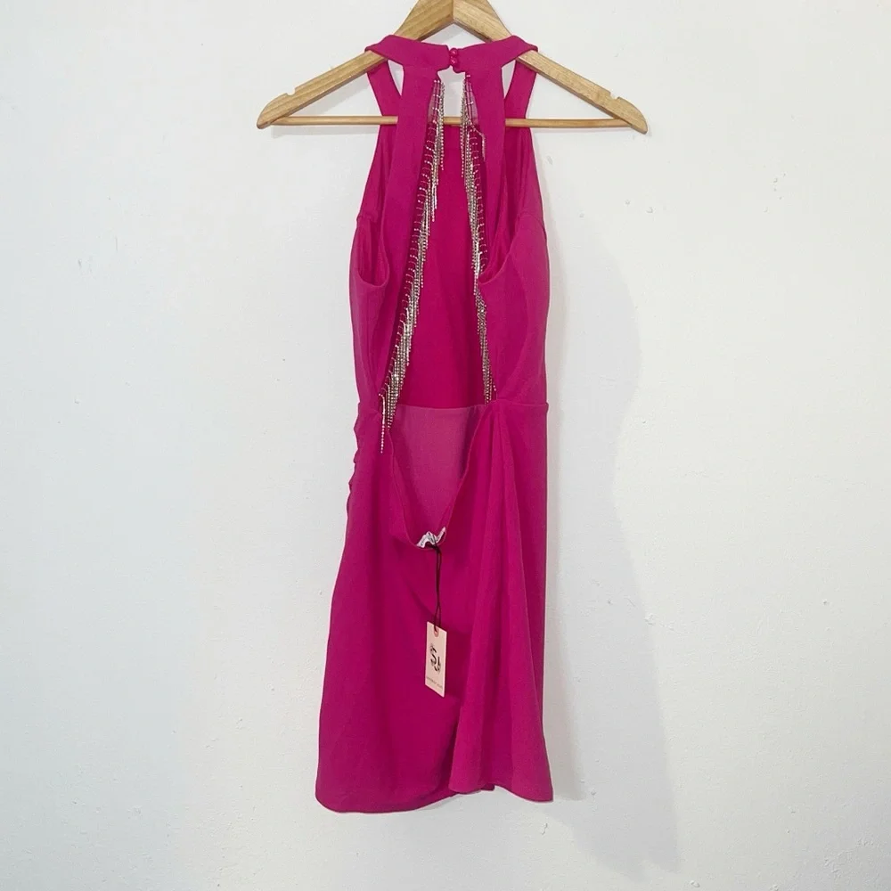 Sincerely Jules hot pink glitter fringe open back high neck mini dress - Picture 5 of 13